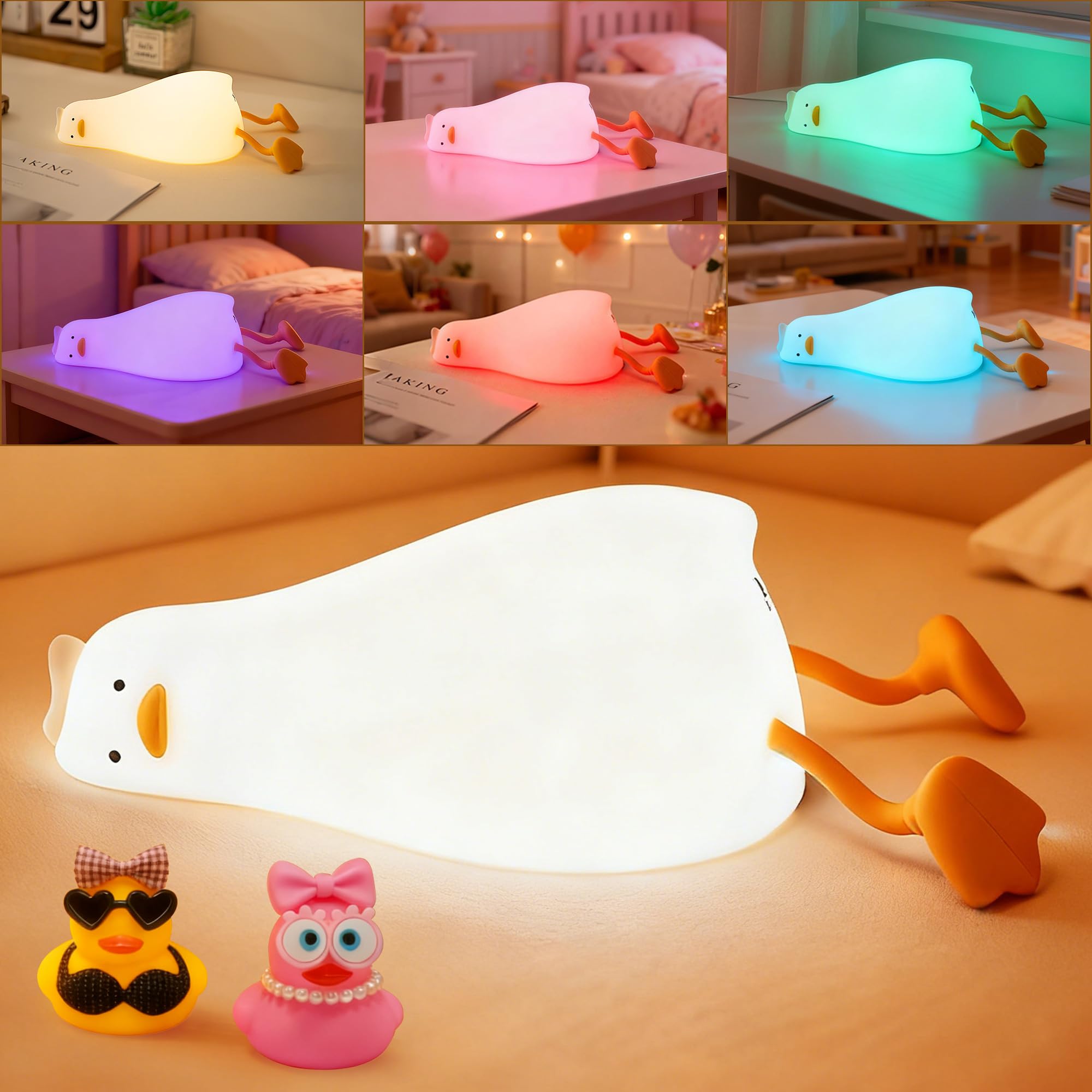 FAMIDUO Luce Notturna Bambini Papera con Cambio Colore, Controllo APP/Tocco, con Regali in Scatola Cieca, Divertente Lampada Silicone di Paperella Sdraiata, Luce Notturna Neonato, Bebe Regalo