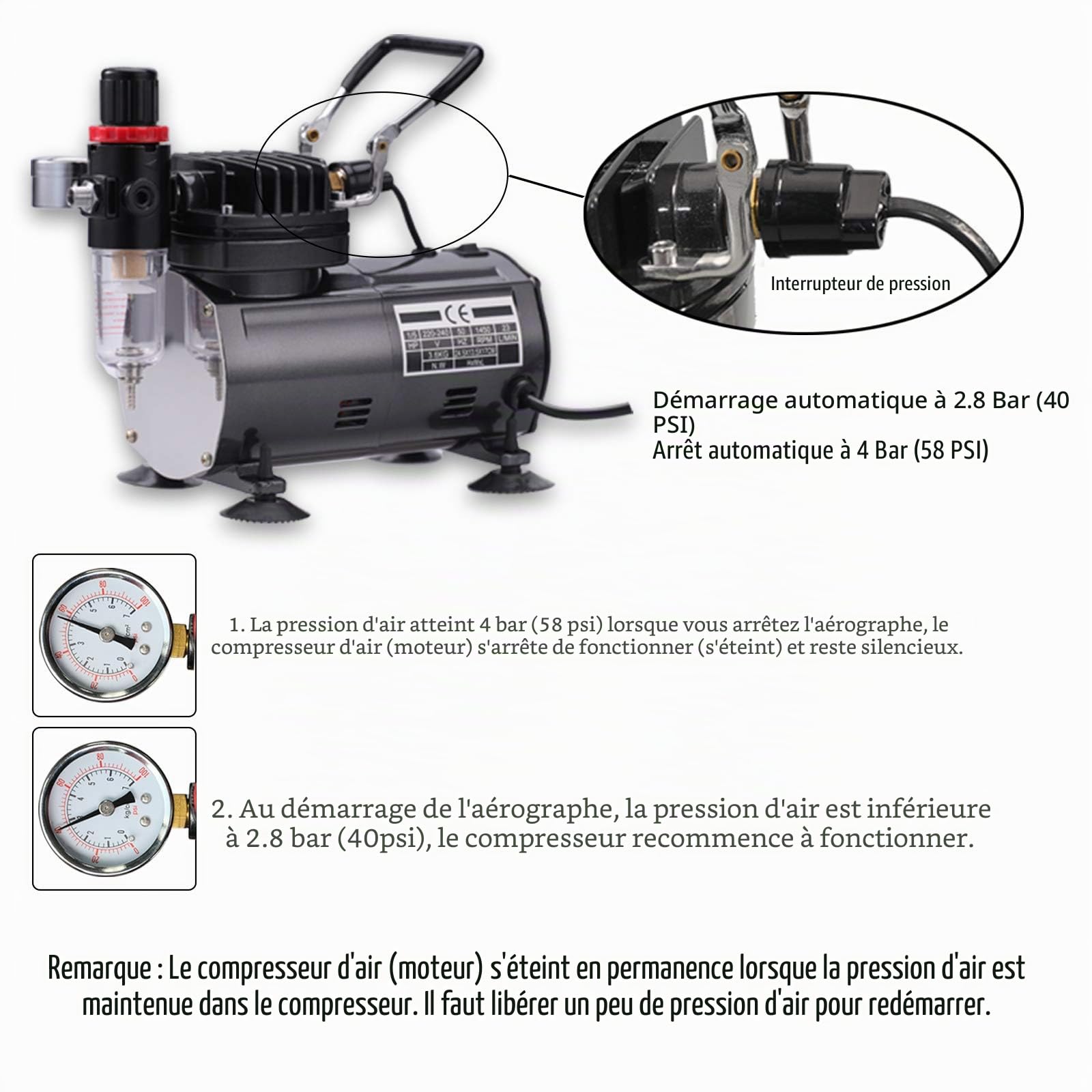Kit aerographe avec compresseur, Pistolet aérographe Double Action avec 3 aérographes 0,2 mm, 0,3 mm, 0,8 mm et Aiguille pour Les Loisirs, Le modélisme, Les Ongles