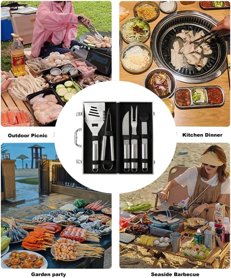 6PCS BBQ Accessories Stainless Steel Grill Tools Set,with Extra Thick Spatula, Fork, Tongs & Cleaning Brush,for Travel, Outdoor Perfect Grill Gifts for Men
