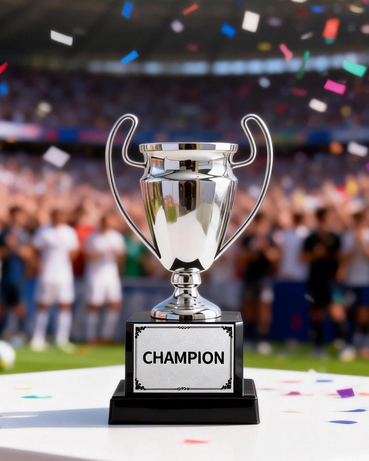 Silver Champion Trophy with Black Base, 8.3 Inch Metal Award Cup for Competitions, School Events, Office Games, Team Awards and Parties