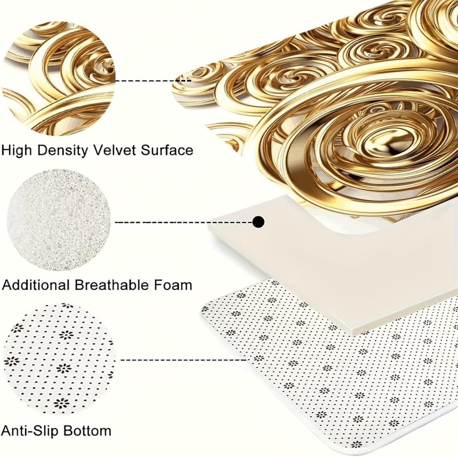 Golden Wire Spiral Kitchen Mats for Floor 3PCS Waterproof Low-Profile Kitchen Rugs Floor Mat Non Slip Anti Fatigue Mats Comfort Standing Mat Runner Rug Area Rug 6"x24"+20"x31"+17"x47"