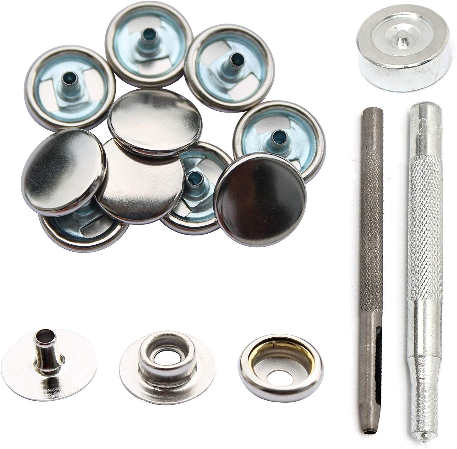 Kit Bottoni Automatici Argento 15mm WedDecor | 3 Parti + Attrezzi Di Fissaggio | Per Cucito, Pelle E Fai Da Te - 2