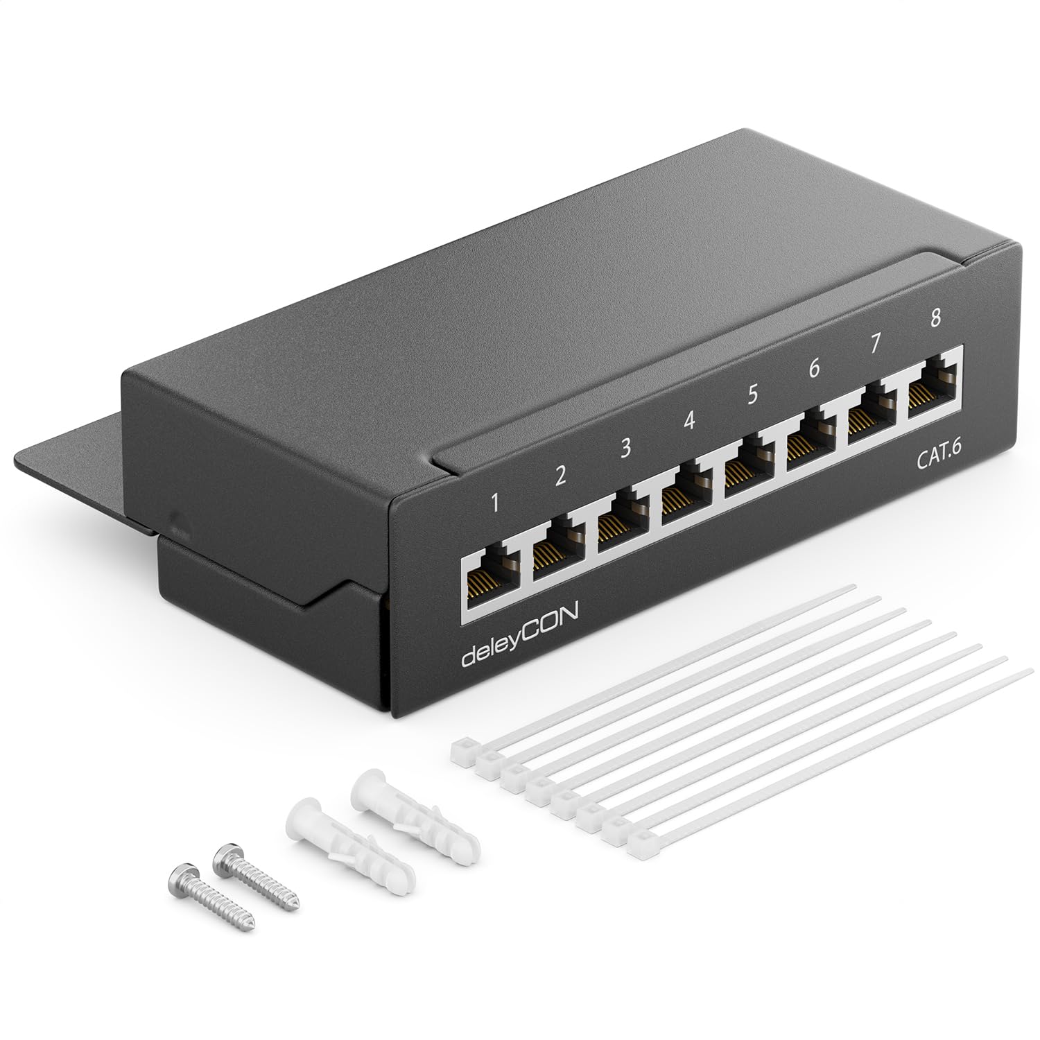 deleyCON CAT 6 Patchpanel Verteilerfeld 8 Port - Desktop & Wandmontage - Geschirmt - 8x RJ45 Buchse - TIA568A TIA568B Schwarz