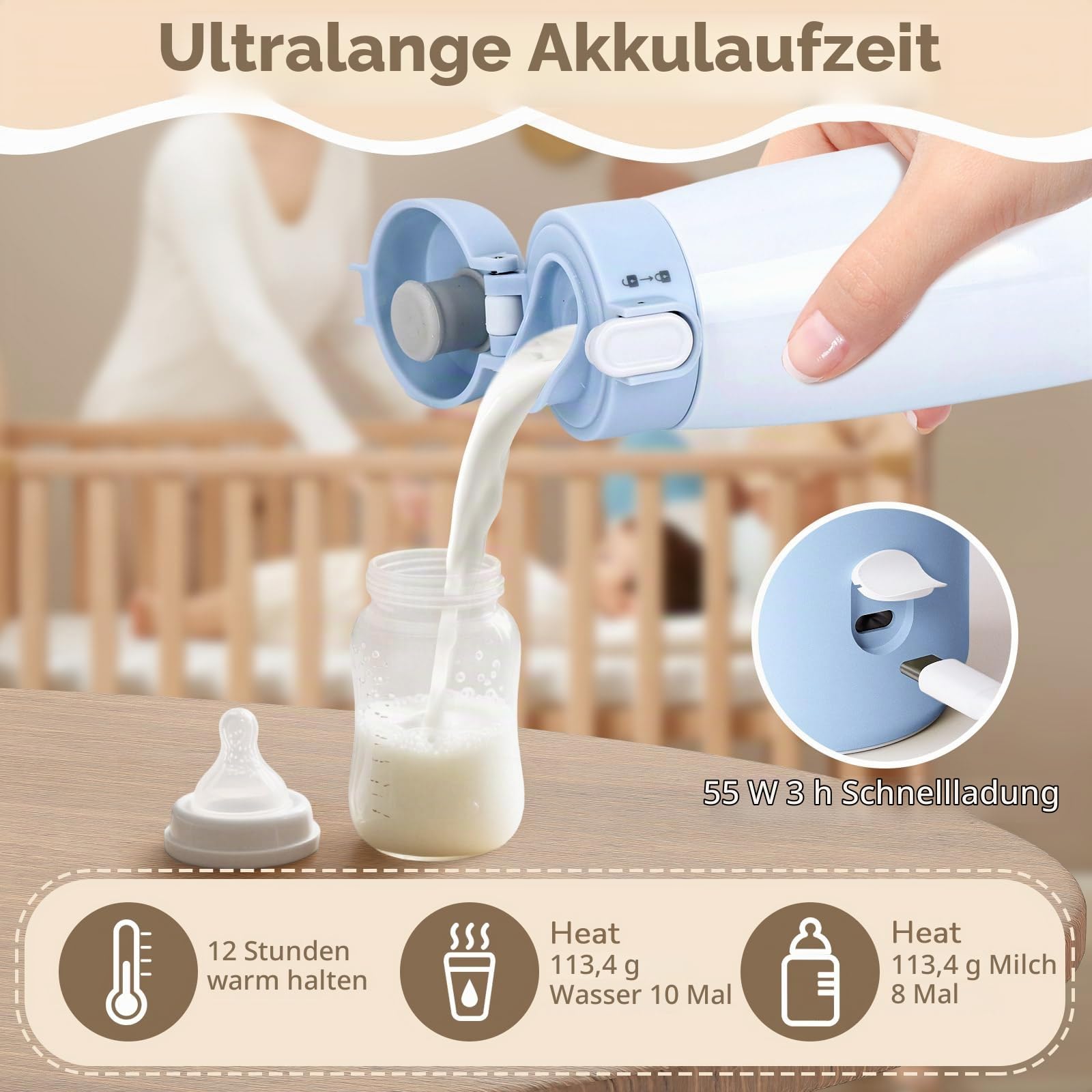 BEBOAN Tragbarer Milcherwärmer/Wasserwärmer für Unterwegs, Kabelloser Baby Muttermilch Wärmer flaschenwärmer, Intelligente Temperaturregelung mit 5 Stufen & Kindersicherung, 350ml Große Kapazität