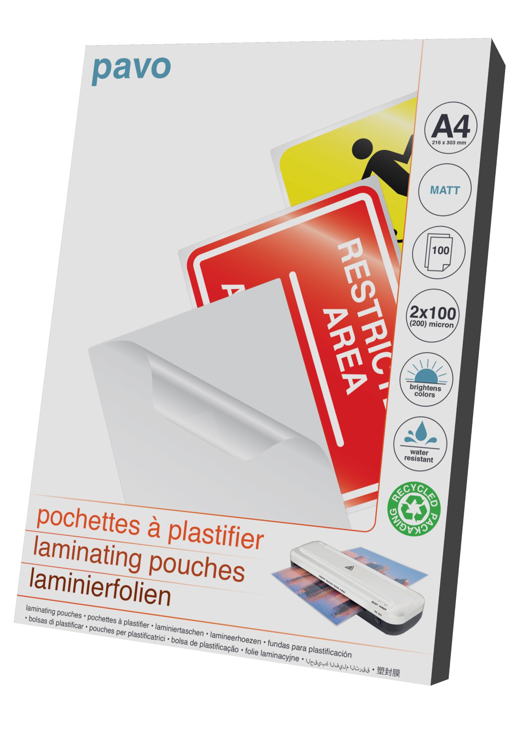 Pavo - Premium buste per plastificazione, formato A4, 2x100 micron, opaco, confezione da 100 pezzi