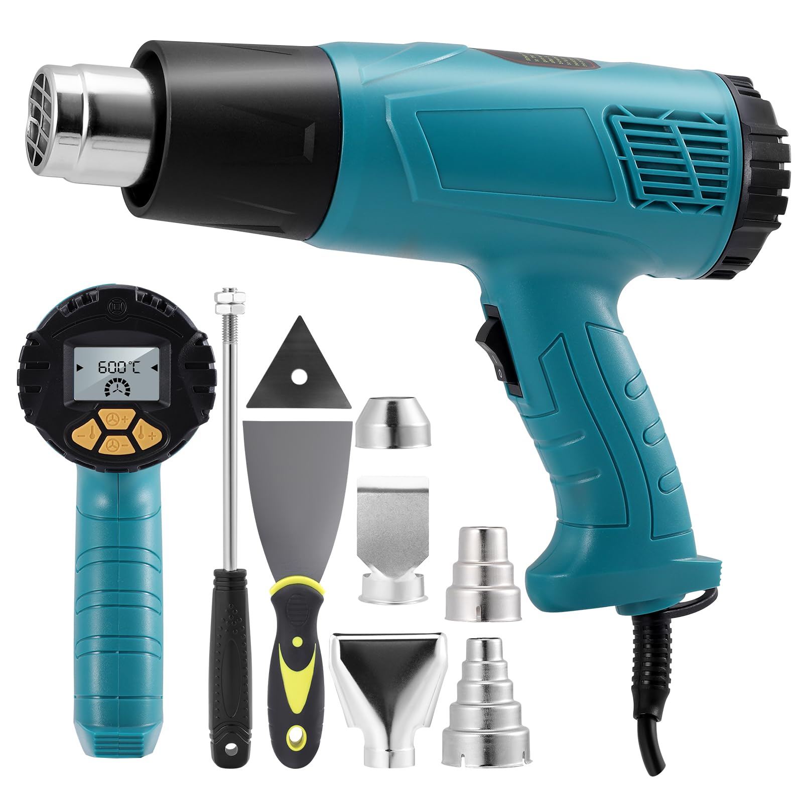 Pistola Termica Professionale 2000W con Display LCD, Temperatura Regolabile 50°C-600°C, Accessori Inclusi, Protezione da Sovraccarico, Ideale per Sverniciatore Legno e Metallo