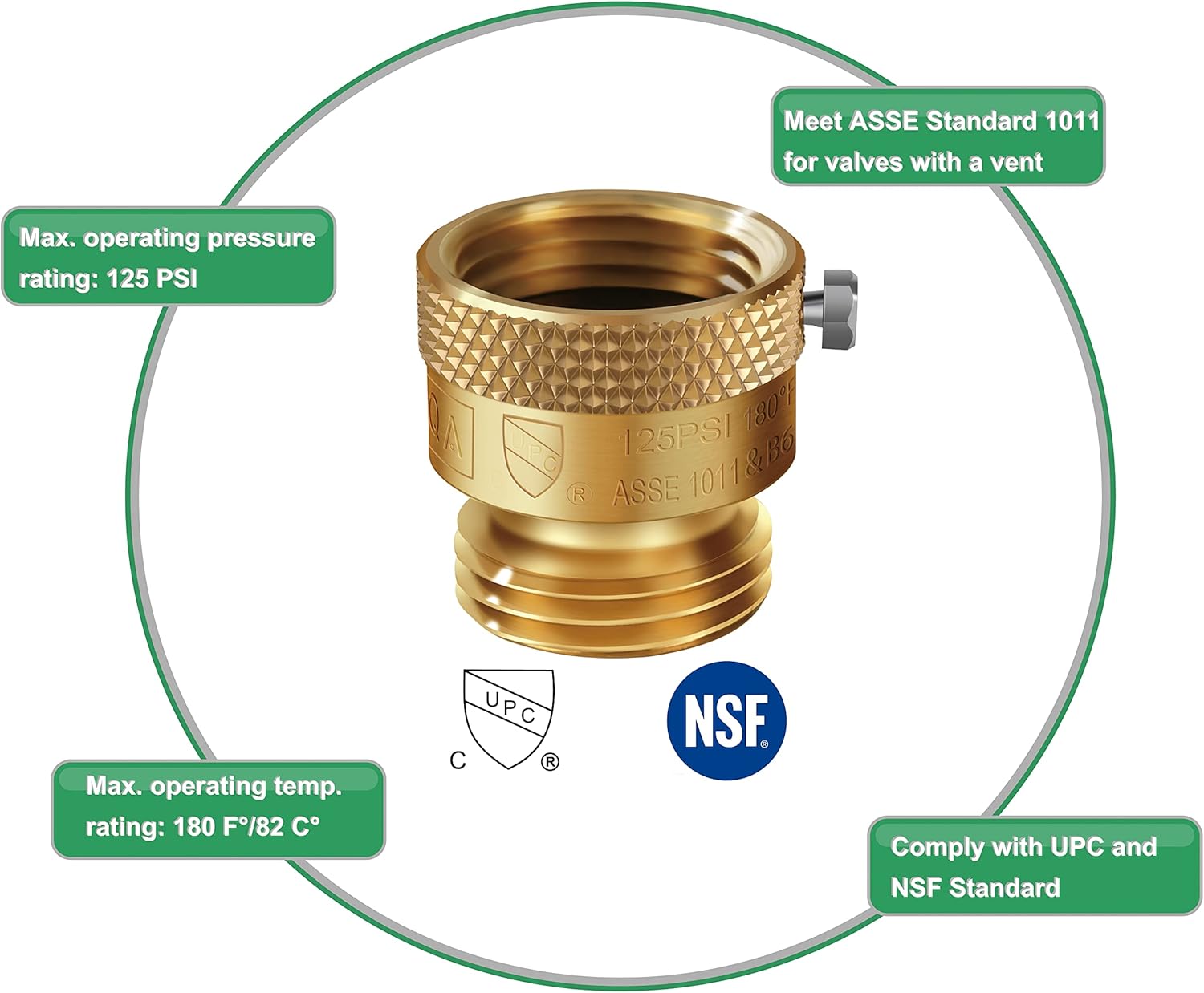 5 Pack SUNROAD Lead-Free Brass 3/4" Inch MHT Hose Bibb Connector Backflow Preventer Vacuum Breaker,Check Valve For Garden Spigot RV Hose Connection,Anti-Siphon Fitting with extra set screws