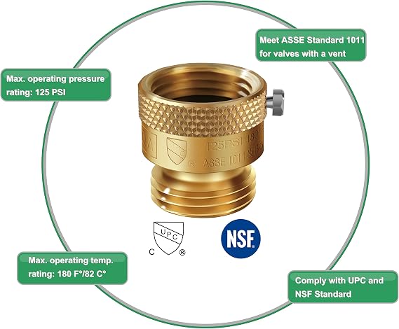 5 Pack SUNROAD Lead-Free Brass 3/4 Inch MHT Hose Bibb Connector Backflow Preventer Vacuum Breaker,Check Valve For Garden Spigot RV Hose Connection,Anti-Siphon Fitting with extra set screws | Includes both breakaway set screws for permanent installation and headless hex set screws for removable installation