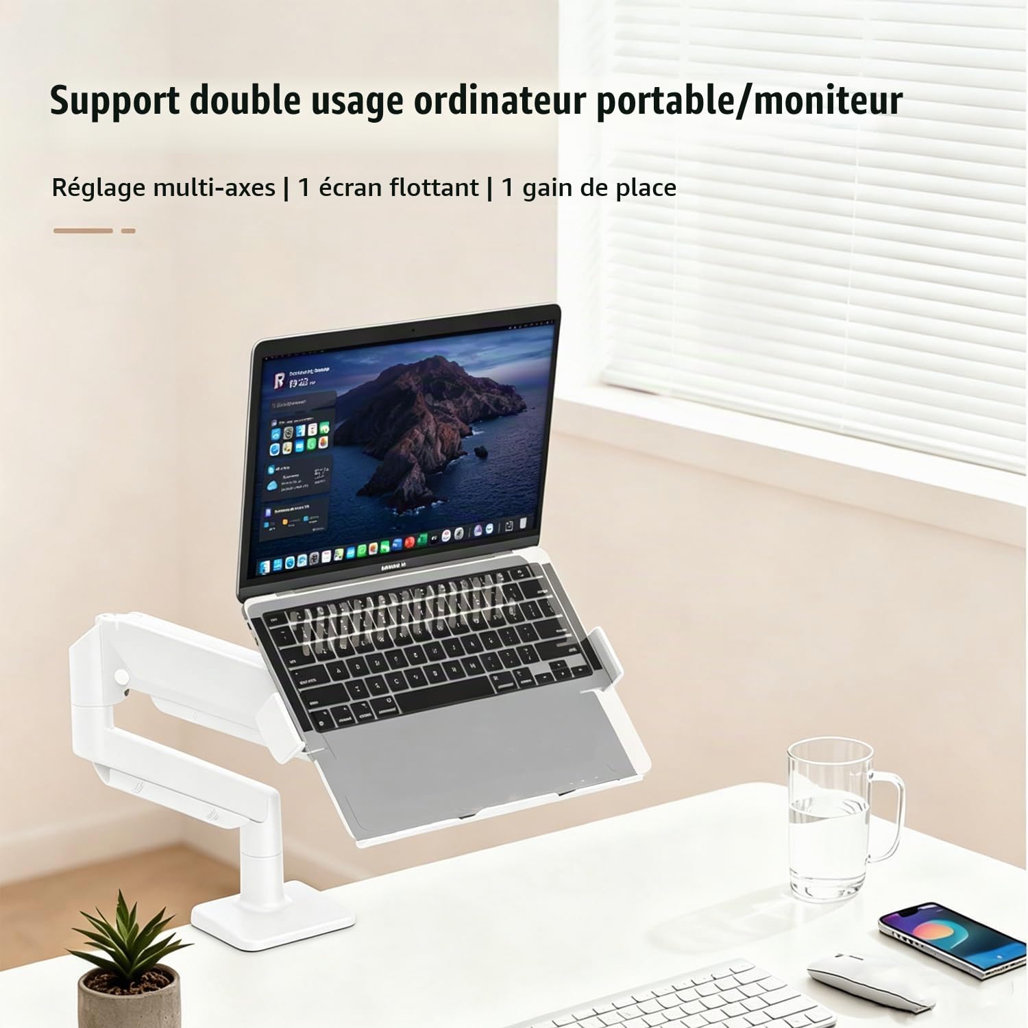 Monitor Arm,Support Pour Ordinateur Portable 2 En 1 Avec Plateau,Capacité Maximale De 10 Kg,Hauteur Réglable,Adapté Aux Ordinateurs Portables De 10 à 17 in,Avec Pince à Trou Rond/Bras De Bureau,Blanc