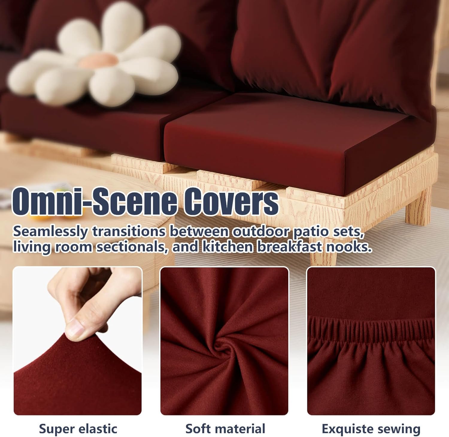 14pcs patio stretch cushion covers, outdoor couch & sofa replacement slipcovers for patio furniture cushion covers, washable reusable furniture protector, square large, wine red