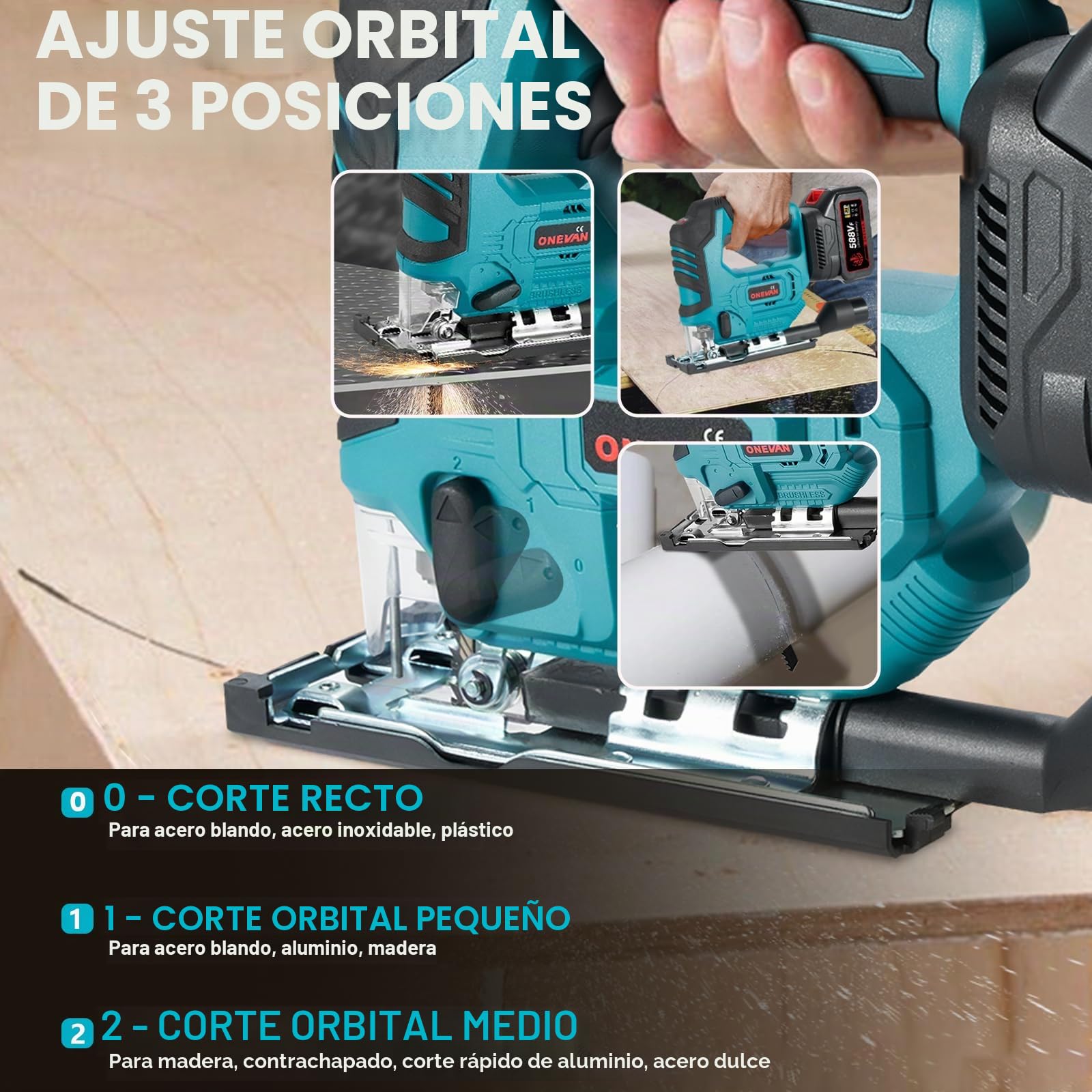 ONEVAN Sierra de calar con batería, sierras eléctricas sin escobillas con 2 baterías de 3000mAh, -45° hasta 45° de corte en bisel con 3 ajustes orbitales, 20 mm de longitud de carrera, sierra