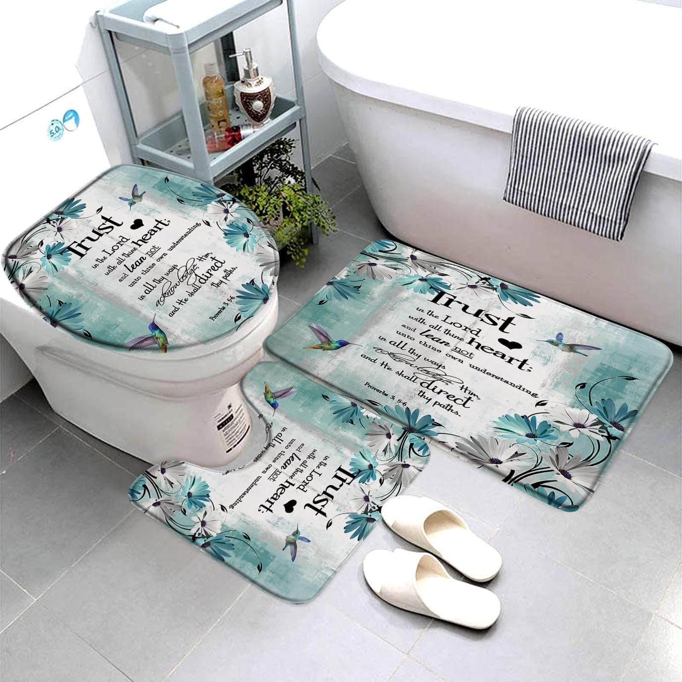Amazon.com: Teal Floral Bird Bath Mat 3 Piece Set Bathroom Rugs Daisy ...