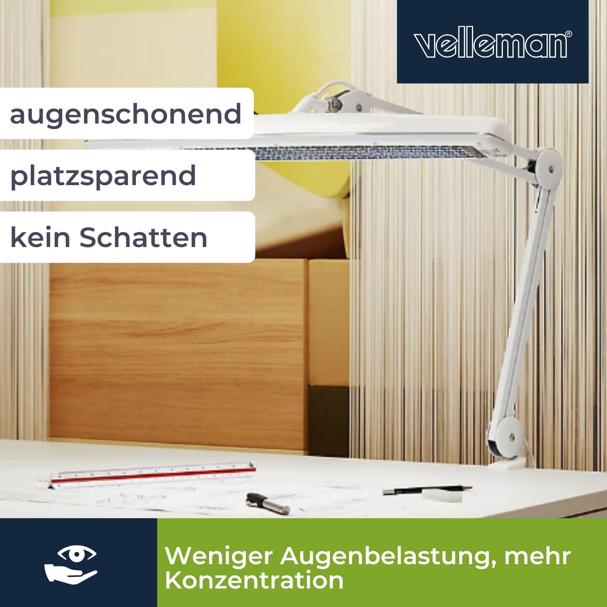 Velleman Verstellbare Schreibtischlampe mit Klemmbefestigung, Schwenkarm, Ein-/Ausschalter, Länge 105 cm, Breite 60 cm, mit 3x T5 14 W Leuchtstoffröhren, 2700 Lumen, 6500 K, weiß