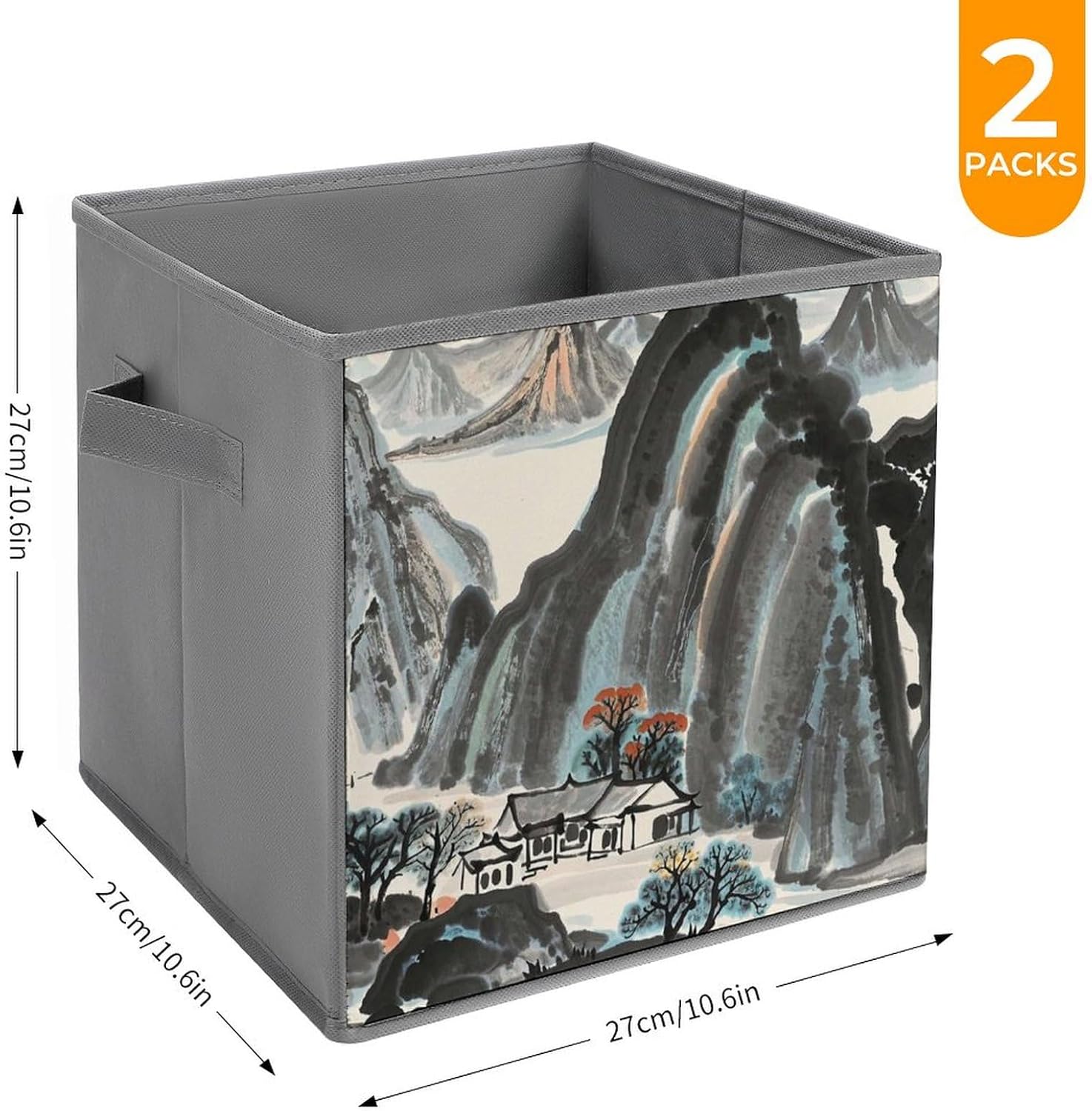 Chinese Landscape Painting Foldable Storage Box with Handles, Durable Oxford Storage Cubes, 2PCS Collapsible Closet Organizer for Home, Shelf, Office, Travel