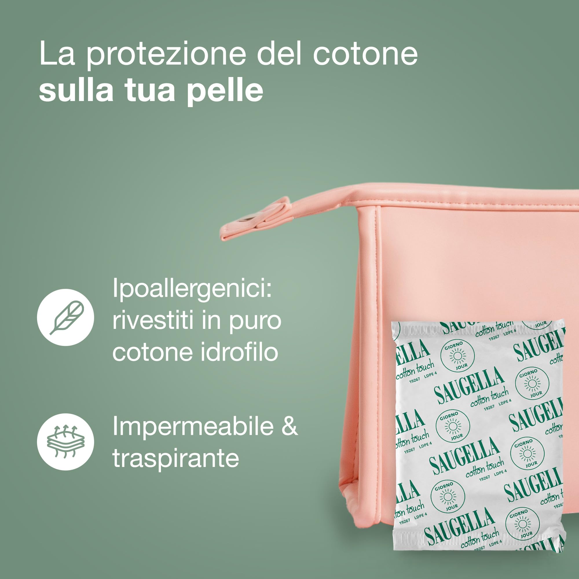 Saugella Assorbenti Cotton Touch Giorno, 56 Assorbenti Cotone Giorno con Ali, Azione Antibatterica, Antiodore e Lenitiva