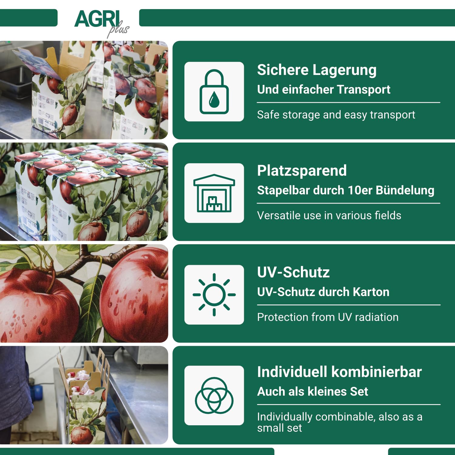 AGRI plus Karton für Bag-in-Box Beutel I 5 Liter I 50 Stück I Ohne Beutel I Hochwertige Karton-Box mit Rote-Äpfel-Motiv I Bis zu 40 x wiederverwendbar I Bag-in-Box für Apfelsaft, Saft & Wein