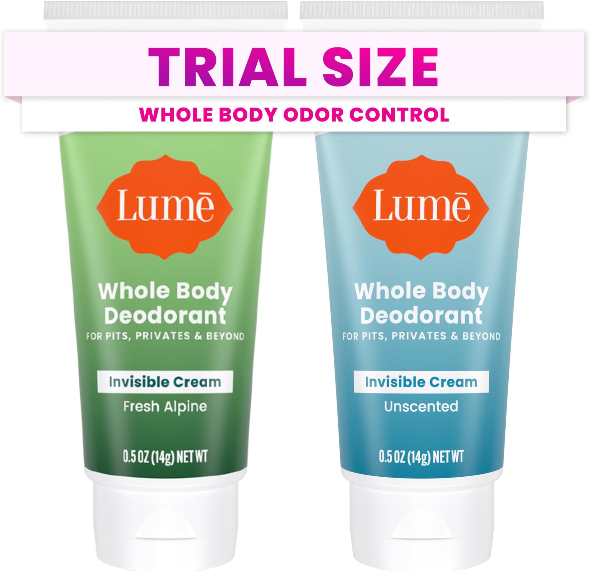 Whole Body Deodorant - Mini Travel Size Invisible Cream Tube - Trial Size - 72 Hour Odor Control - Doctor Developed - Aluminum and Baking Soda Free - .5oz (Pack of 2) (Fresh Alpine & Unscented)