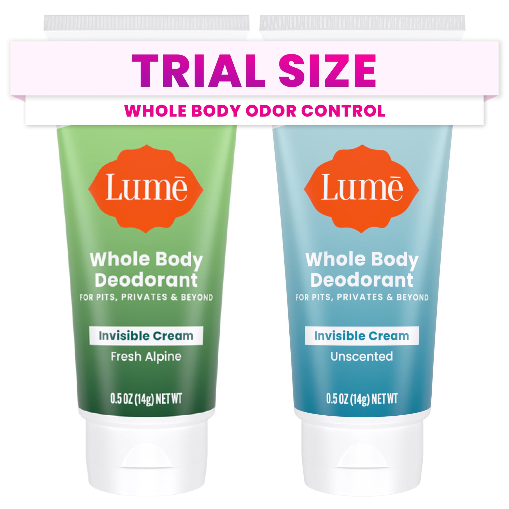 Lume Whole Body Deodorant - Mini Travel Size Invisible Cream Tube - Trial Size - 72 Hour Odor Control - Doctor Developed - Aluminum and Baking Soda Free - .5oz (Pack of 2) (Fresh Alpine & Unscented)