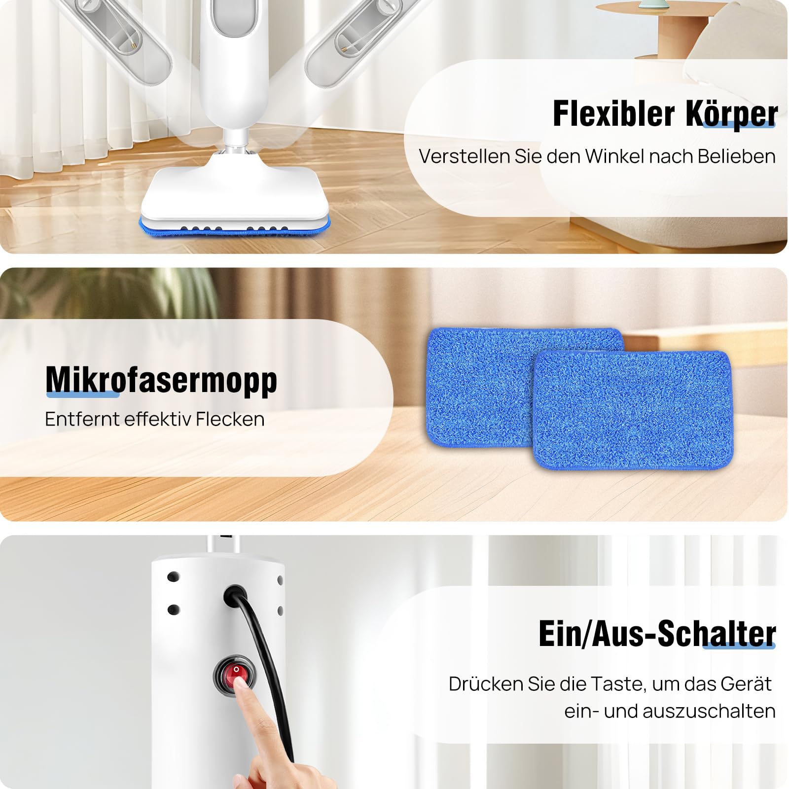 Qimu Dampfreiniger 1500W Dampfbesen Bodendampfreiniger Hand-dampfreiniger bis 108°C für Tiefenreinigung Böden Elektrischer Bodenwischer mit Wassertank 400ML, Entfernt bis zu 99,9% der Bakterien
