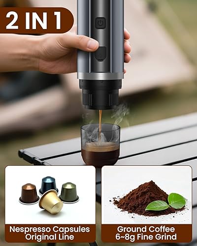 Miniatura 5 de Máquina de café expreso portátil, 20 bares, eléctrica para viajes, campamento, mini cafetera recargable USB-C para cápsulas NS y café molido, gris