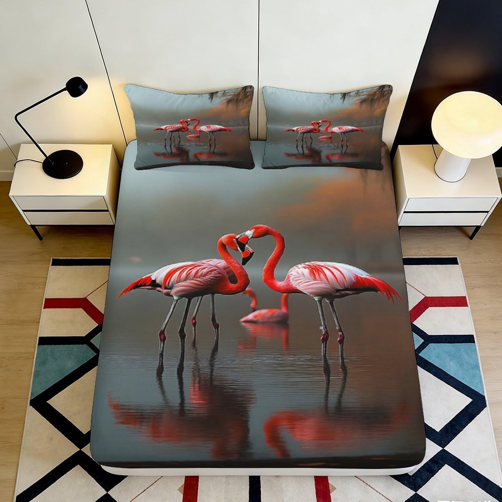 Pnayamiorkfel Style-8 3D Printed Flamingo Lake Fitted Sheet Microfiber Soft Non-Slip Romantic Birds Bed Cover For Bedroom Guest Room Decor 90X200x25cm
