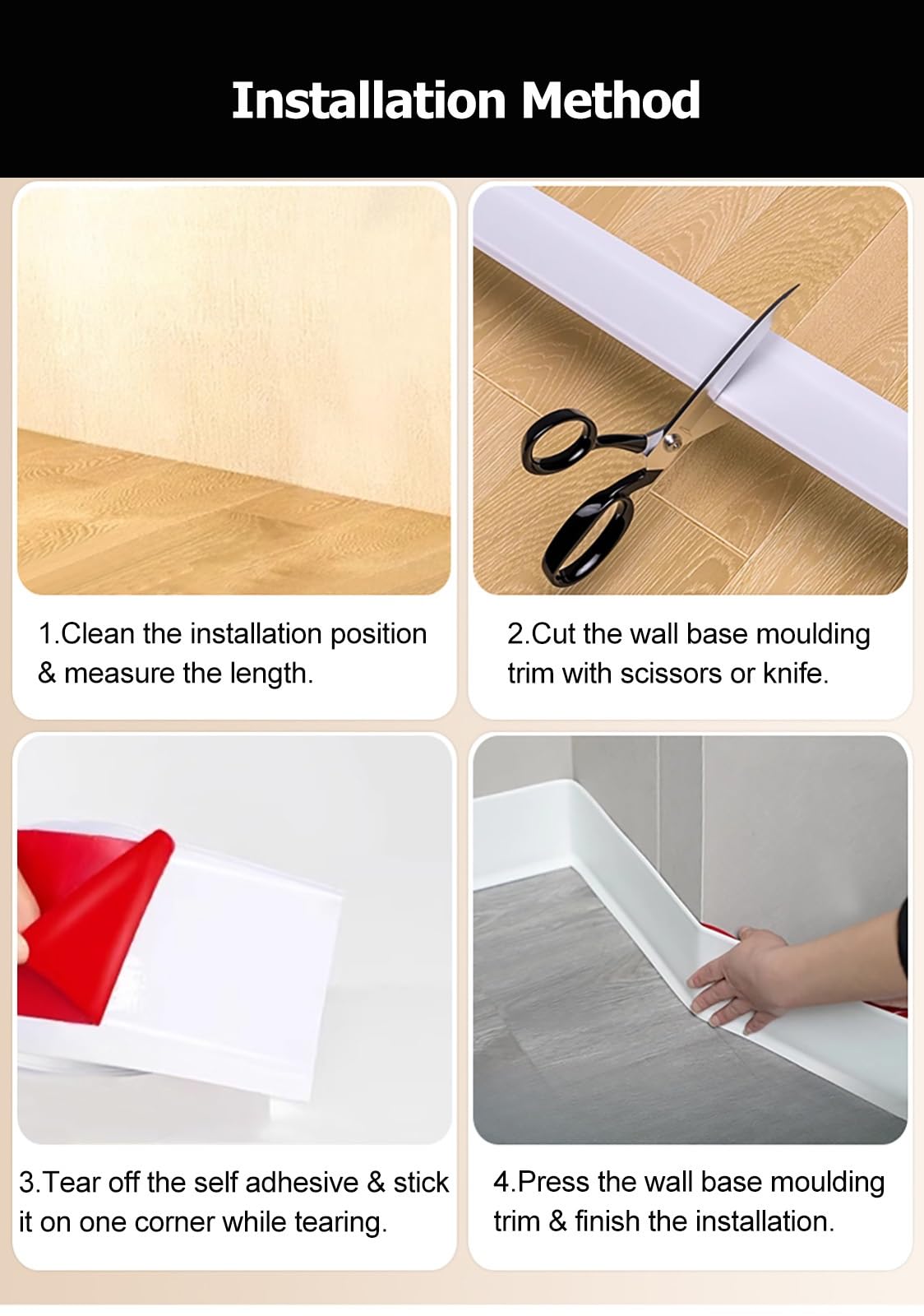 Battiscopa Modanatura per battiscopa con base a muro in PVC impermeabile nero per ufficio domestico, Modanatura per base a muro autoadesiva flessibile con design stacca e incolla, facile da installare