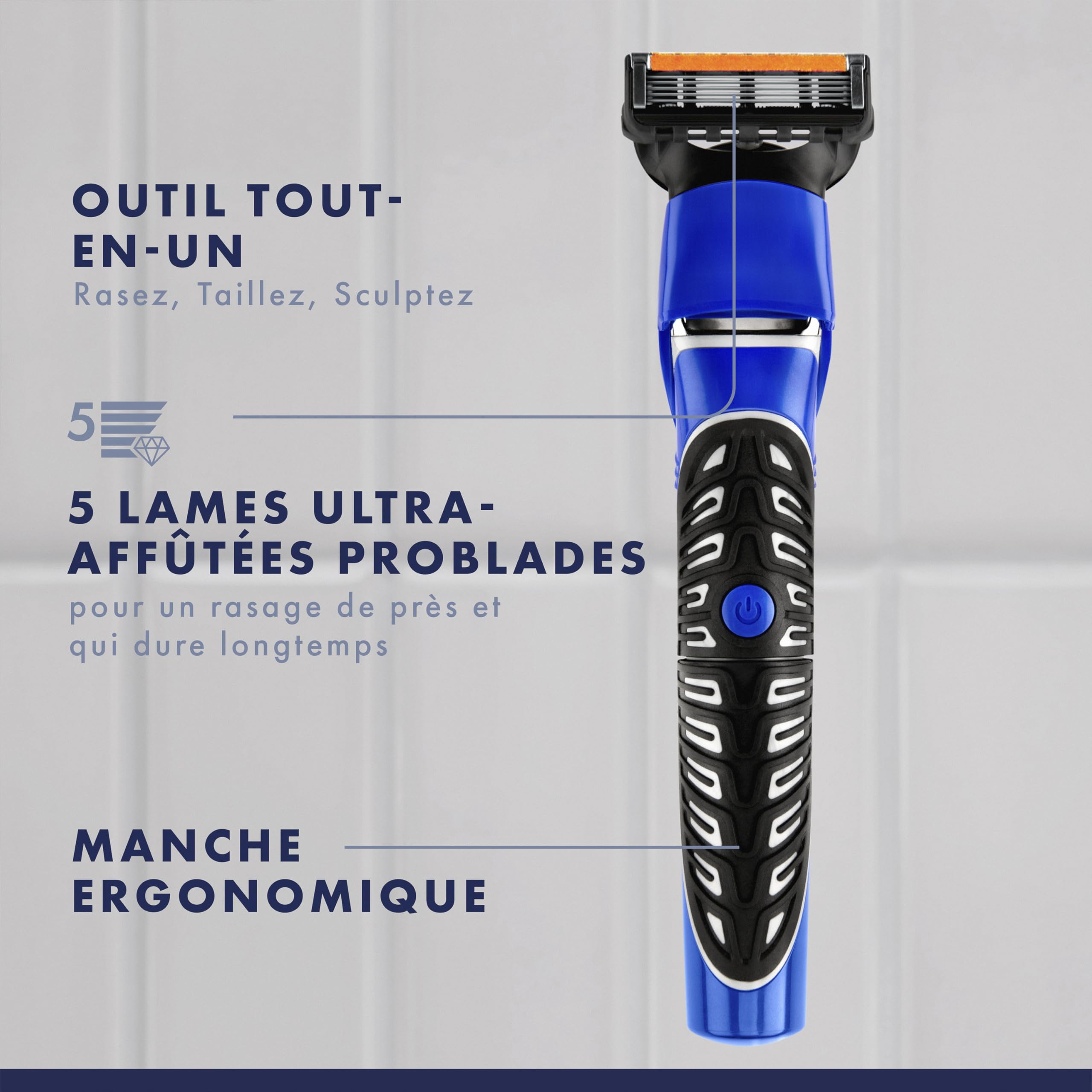 Gillette Tondeuse Homme Tout-en-Un, Bleu et Noir, avec 4 Accessoires | Etanche, sans Fil, Coffret Comprend 1 Tête de Rasoir à 5 Lames Problades en Acier Inoxydable, 3 Sabots, Technologie Braun