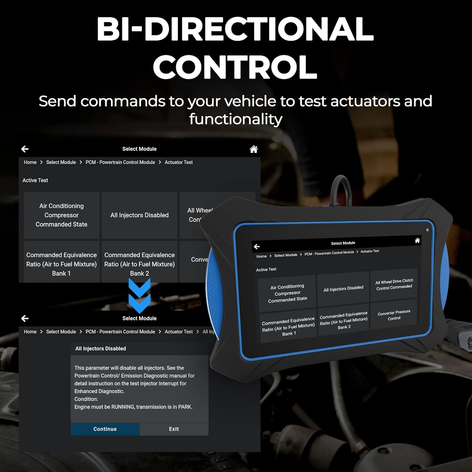 Innova 7111 OBD2 Tablet screen showing Bi-Directional Control options