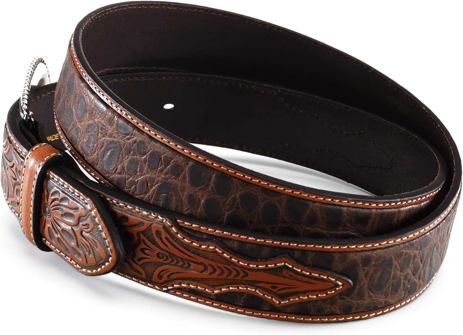 ARIAT Men's Two-Tone Floral Tab Crocodile Print Leather Belt - Image 5