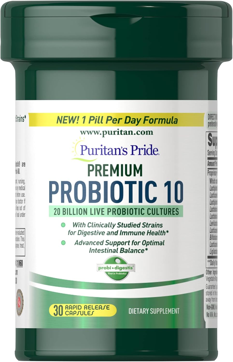 Puritan’s Pride Premium Probiotic 10, 20 Billion CFU Clinically Studied Culture Strains, Dietary Supplement for Digestive, Gut, and Immune Health, 1 Month Supply, 30 Rapid Release Capsules