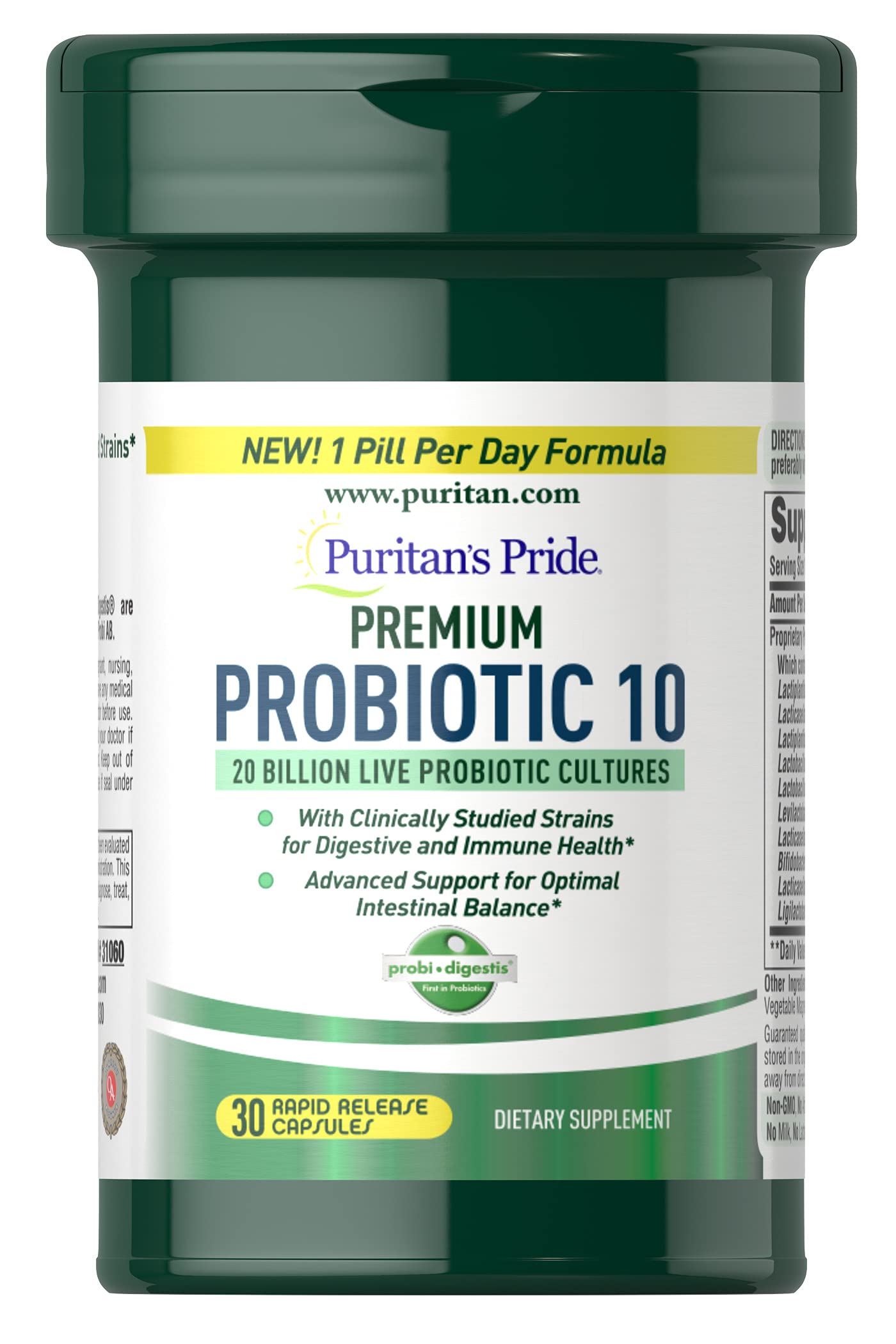 Puritan's Pride Premium Probiotic 10, 20 Billion CFU Clinically Studied Culture Strains, Dietary Supplement for Digestive, Gut, and Immune Health, 1 Month Supply, 30 Rapid Release Capsules