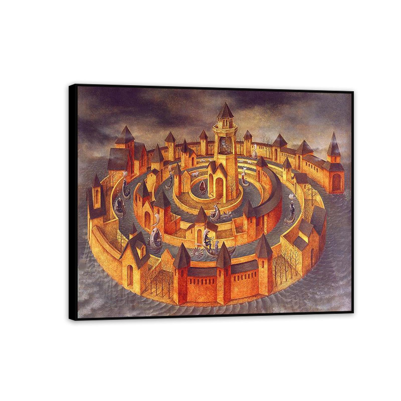 MYCGGDGH Remedios Varo Canvas Wall Art Reproductions of Famous Paintings Trasitoen Espiral Surrealist Canvas Painting Wall Decor for Living Room Bedroom Home Decor 90x70cm(36x28in) Black Framed