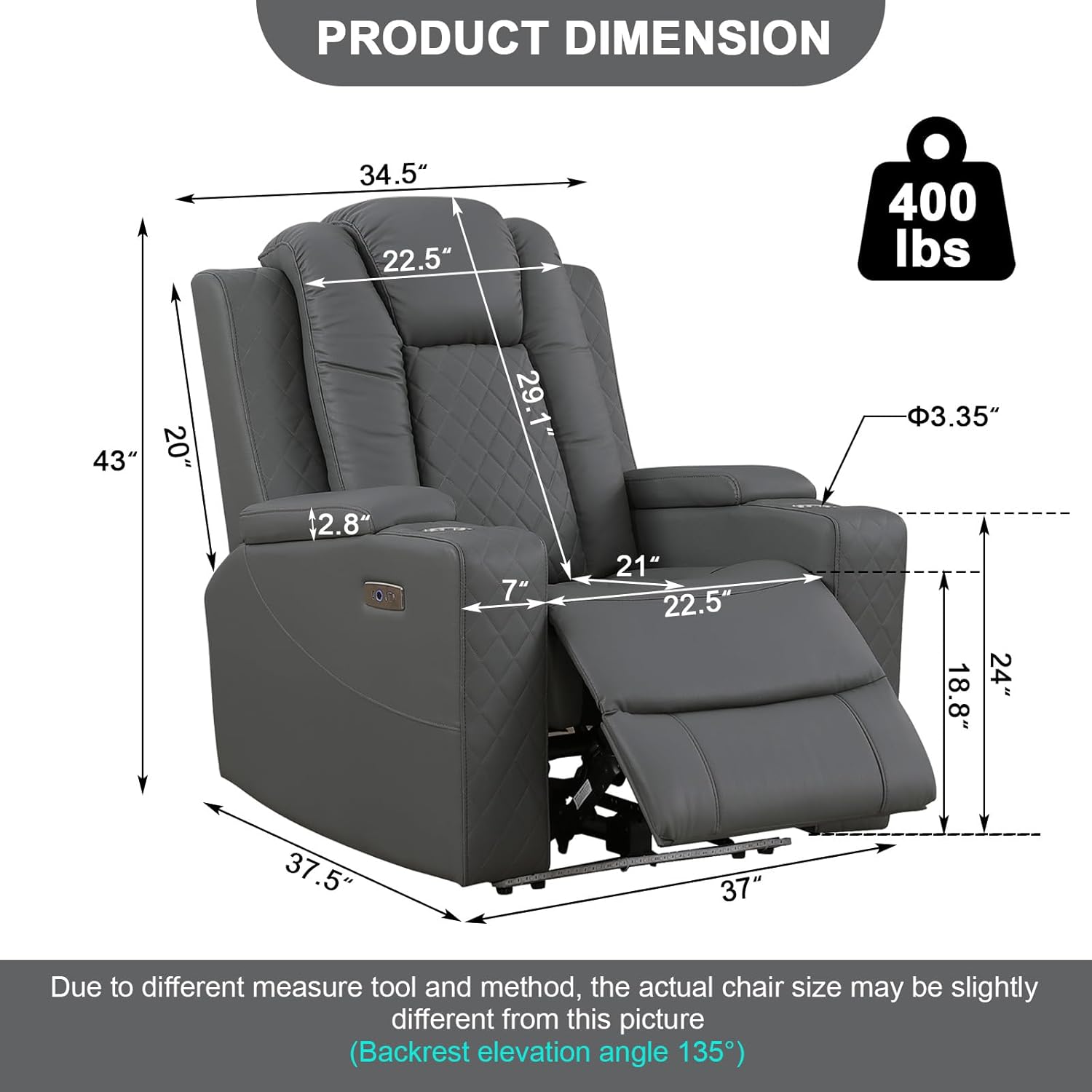 Power Recliner Chair, Home Theater Reclining Chair with LED Lights Breathing Leather Single Seat Recliner Couch with Storage and Cup Holder for Living Room, Bedroom (Grey)