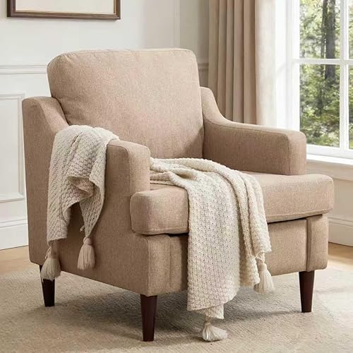 Mid-Century Accent Chair Modern Linen Fabric Armchair for Living Room,Comfy Upholstered Reading Chairs for Bedroom,Single Sofa Chair with Wood Legs (Khaki, Set of 1)