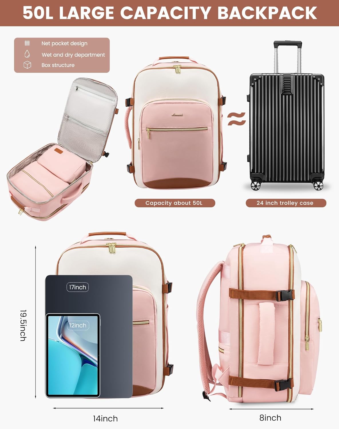 LOVEVOOK 50L Large Travel Backpack for Women, Carry on Backpack Airline Approved, Waterproof Travel Essentials fits 18" Laptop, TSA Personal Item Travels Bag Sports Backpack with 3 Packing Cubes - Image 4