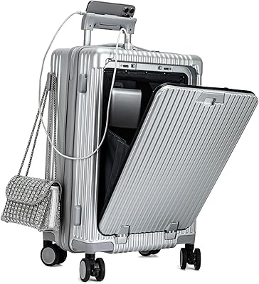 feilario 20in Hardside Spinner Wheel Luggage with Zipper Closure, Built-In TSA lock Carry on Suitcase, with Cup Holder & USB Port & Phone Holder White(with zipper closure, 20in)