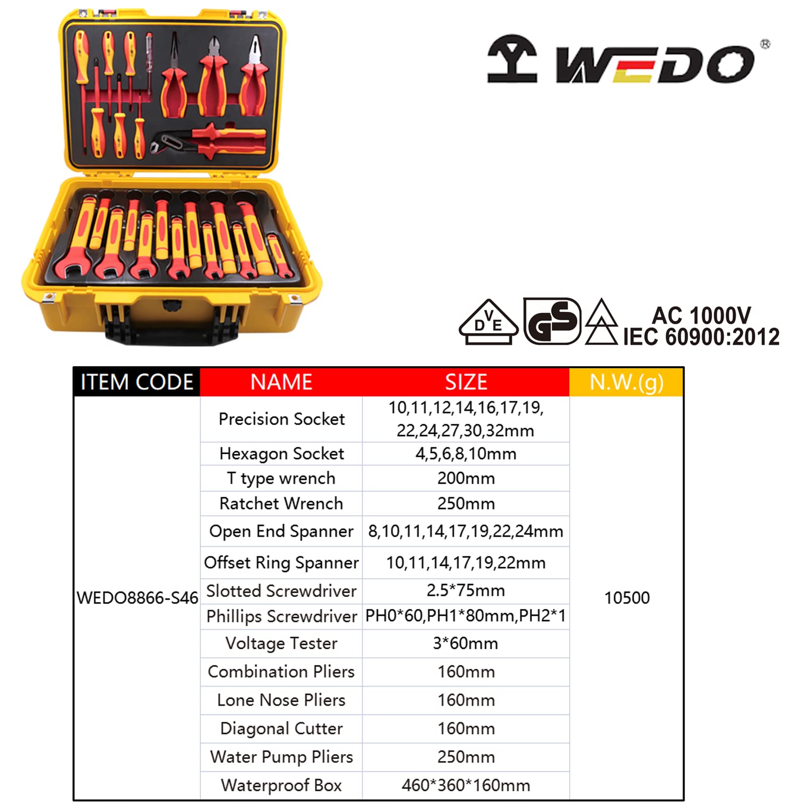 WEDO Set di utensili isolati 46 pezzi, cacciavite Giravite a croce, cacciavite a taglio, pinze a becco ago, pinze per pompa dell'acqua, pinze diagonali, chiave aperta, chiave a T, VDE 1000V