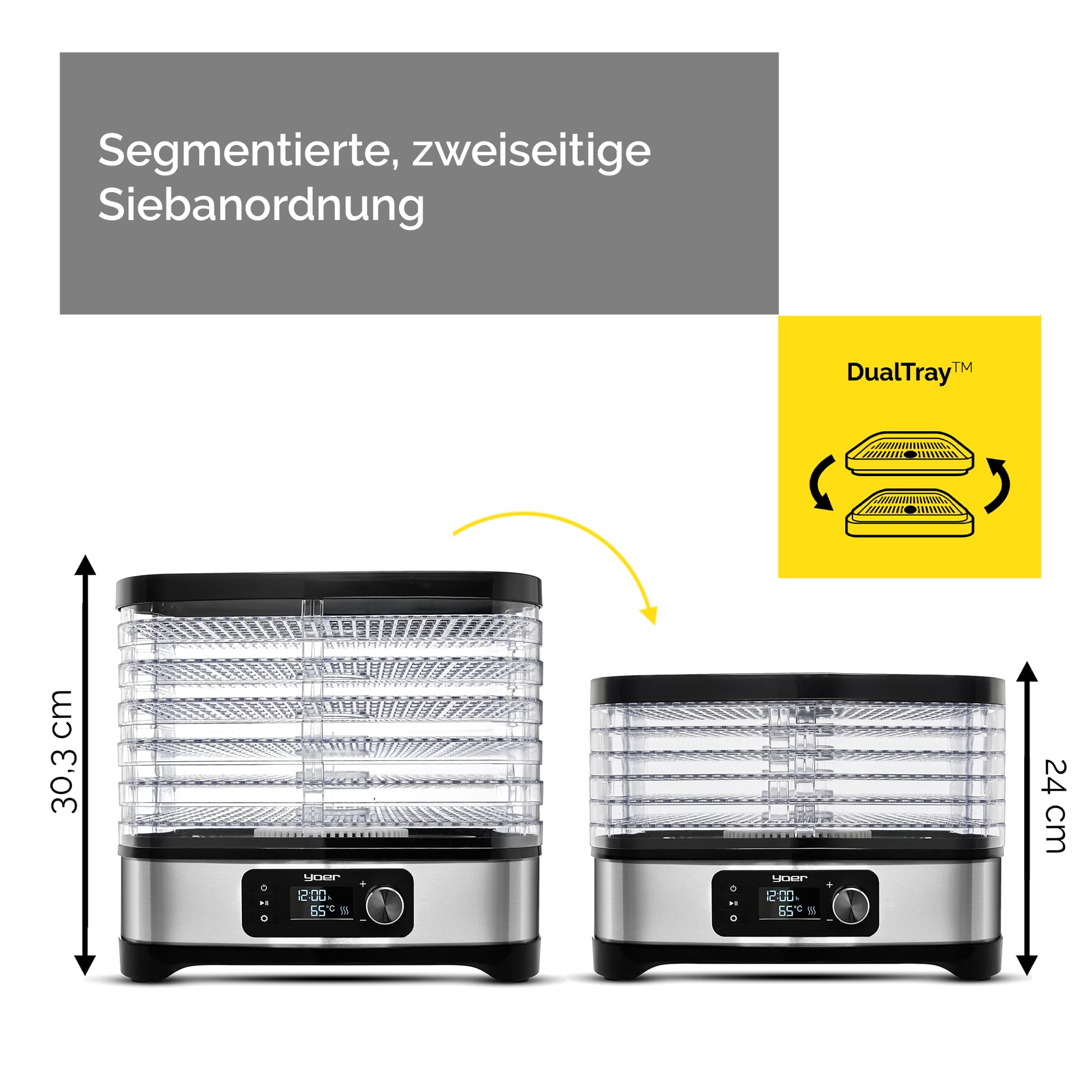 Yoer Dörrautomat Edelstahl, Dörrgerät mit 6 Einlegefächern, 35-70°C, 4725 cm2, 24h Timer, Dehydrator, 450W, Beef jerky, Obst, Kräutertrockner, Müsliriegel, LED-Anzeige, VitaSave FD01S