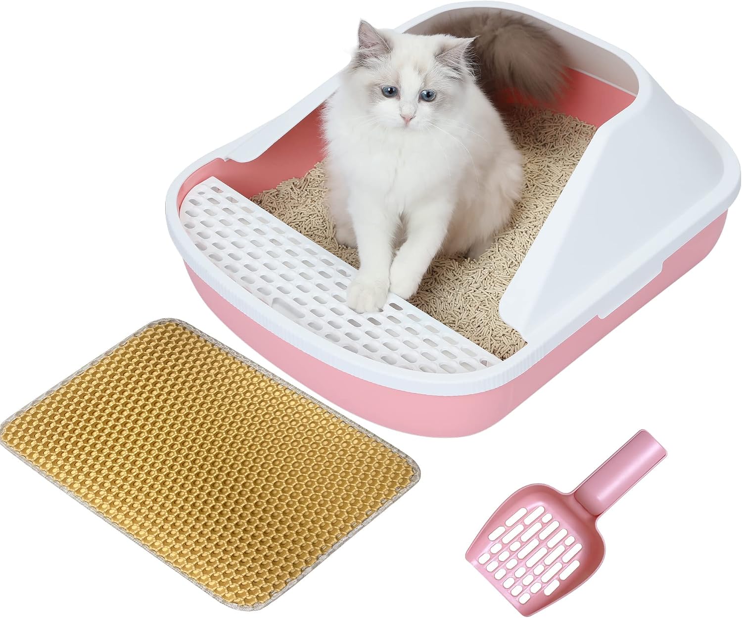 VARLNALY Large Open Cat Litter Box with Cat Litter Mat, High Sided Cat Litter Pan with Double Layer Kitty Mats(Easy Clean), Prevent…