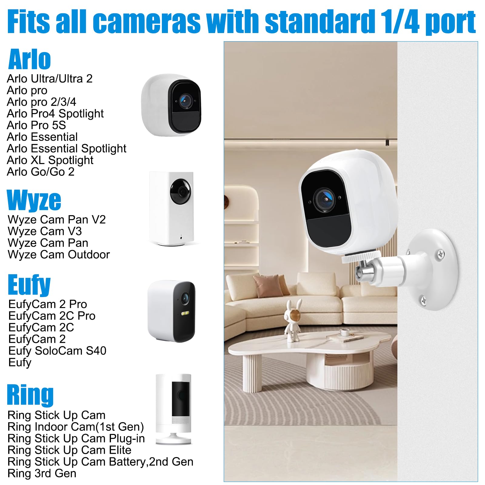 Supporto A Parete Per Telecamere Arlo E Ring – 6 Pezzi In Metallo, Regolabile A 360°, Inclinazione 90°, Per Viti 1/4 Di Pollice – Bianco, Per Interni/esterni