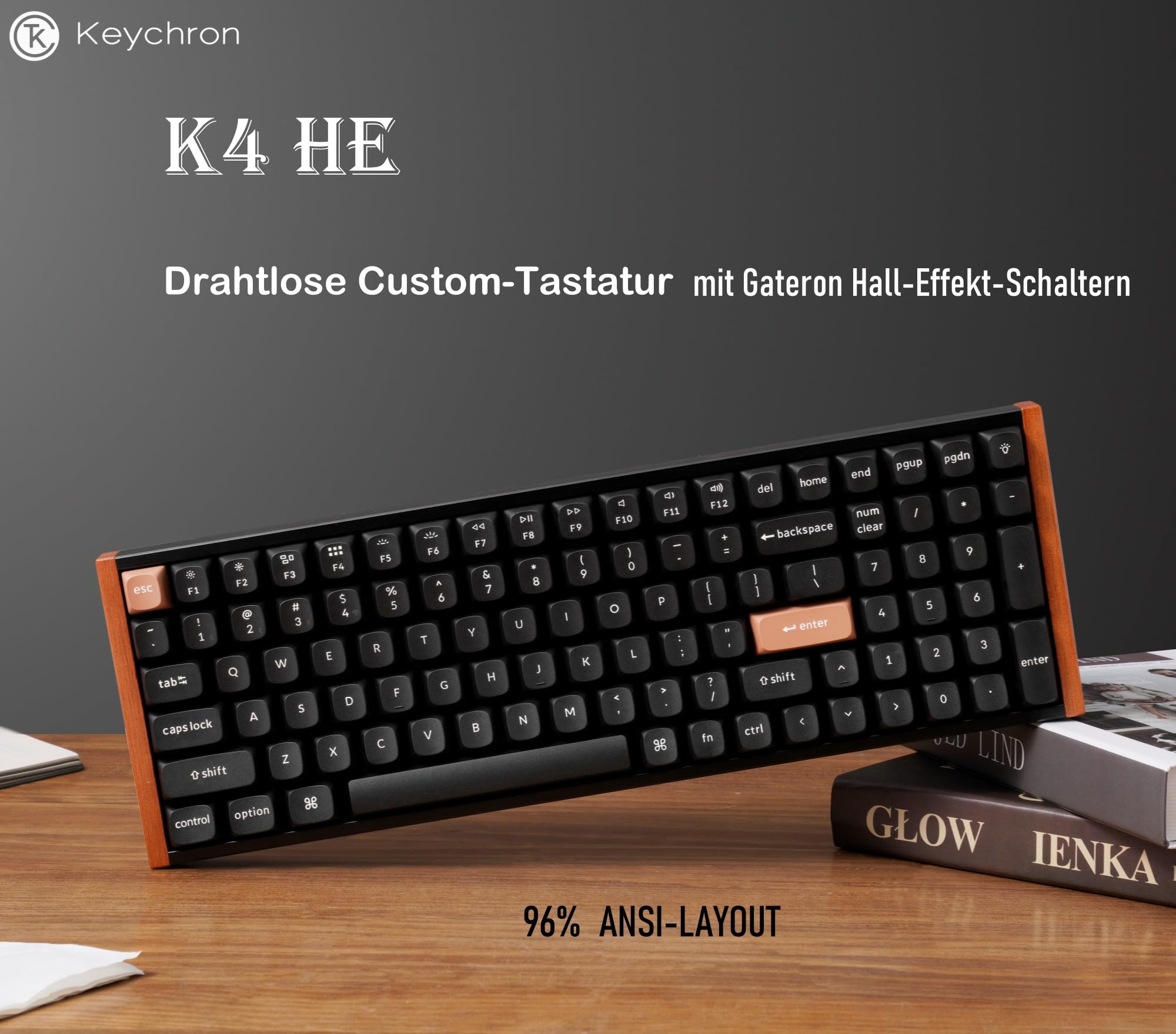 Keychron K4 HE 96% ANSI Wireless Mechanische Tastatur mit Magnet-Schaltern & Hot-Swap - Bluetooth/2.4GHz/USB-C, RGB-Beleuchtung QMK-Programmierung für Mac/Win, Holzdesign (Schwarz)