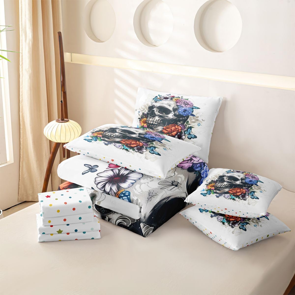 Loussiesd Set di biancheria da letto con copripiumino con lenzuola, 7 pezzi, per letto singolo, motivo: teschio, per bambini, ragazzi, ragazze, Halloween, teschio, decorazione per camera da letto
