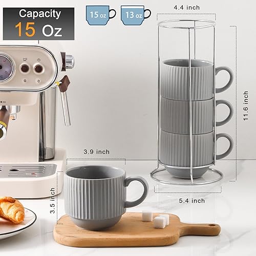 Vista 38 de Hasense Juego de 4 tazas de café de cerámica con soporte, 15 onzas, apilables, grandes, de porcelana, acanaladas, para capuchino, té, cacao