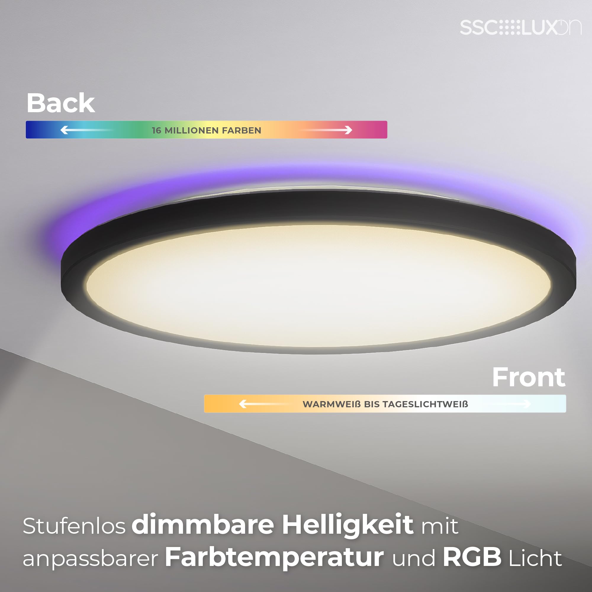 SSC-LUXon ERUNA Deckenleuchte schwarz Ø29cm Smart LED WLAN RGB App indirekt | Runde Deckenlampe fürs Wohnzimmer - per App & Alexa steuerbar, warmweißes Hauptlicht + indirektes RGB-Licht, ohne Hub