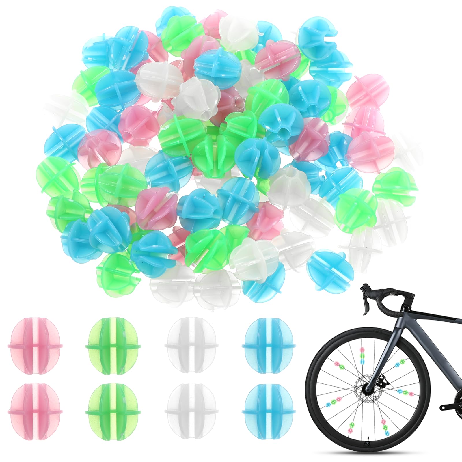 JIYIN 144 Pcs Bike Spoke Beads Glow in The Dark, Colorful Plastic Luminous Bicycle Wheel Spokes Clip Beads, Round Bicycle Wheel Spokes Luminous Plastic Bead Noise Making Decorations