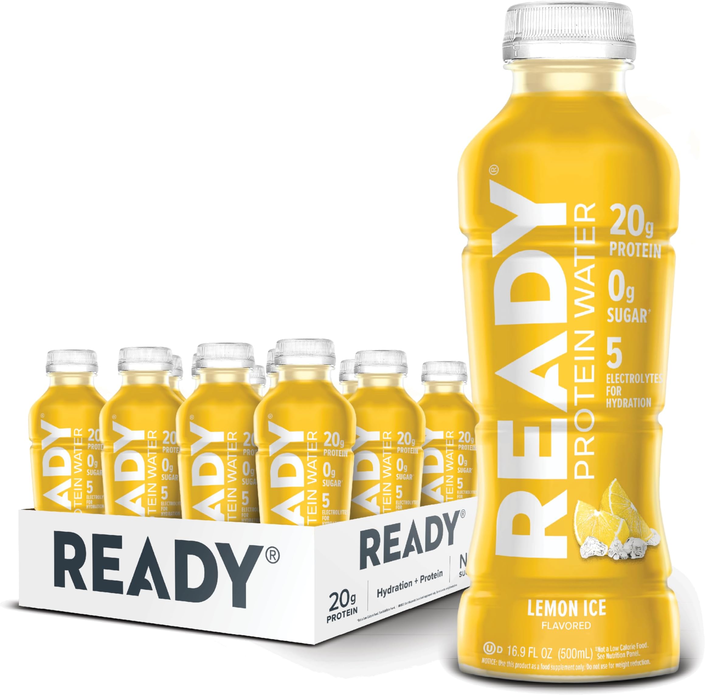 Ready® Clear Protein Water – 20g Whey Protein Isolate, Zero Sugar, Low-Calorie Sports Drink for Hydration & Recovery – Electrolytes, Essential Amino Acids – Lemon Ice, 16.9 fl oz Bottles (12-Pack)