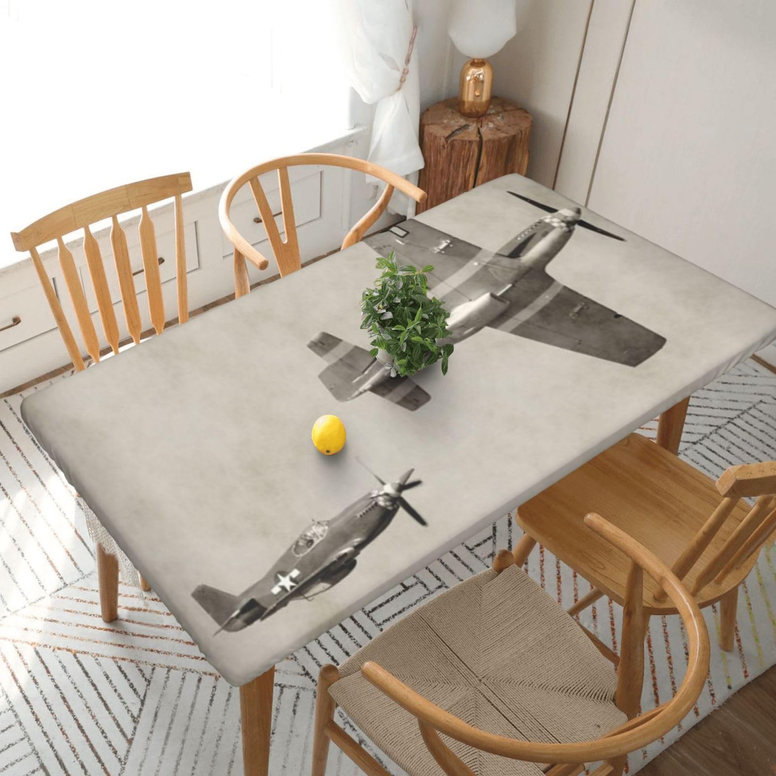DCEHGEW Elastic Fitted Rectangle Tablecloth for 5ft Tables, World War 2 Aircraft Airplane Pattern Printed Oilproof & Washable Fabric Picnic Table Cloth Table Covers