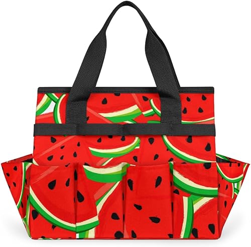 Creative Watermelon Pattern Garden Tool Tote Bag for Women Men Gardening Tool Storage Bags with 10 Pockets Standable Garden Home Tool Kits Organizer