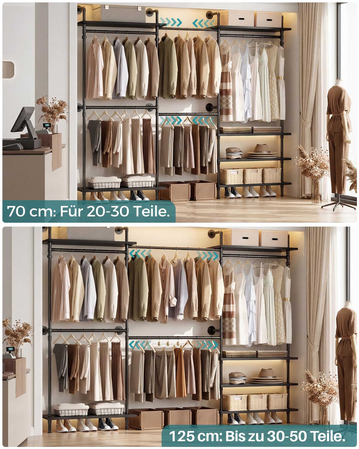 iSunirm Kleiderschrank System Offen – Teleskop Kleiderstange Schwerlast, Begehbarer Kleiderschrank, Flexibel als L-Form oder Gerade, Industrial Pipe Design für Schlafzimmer & Ankleidezimmer