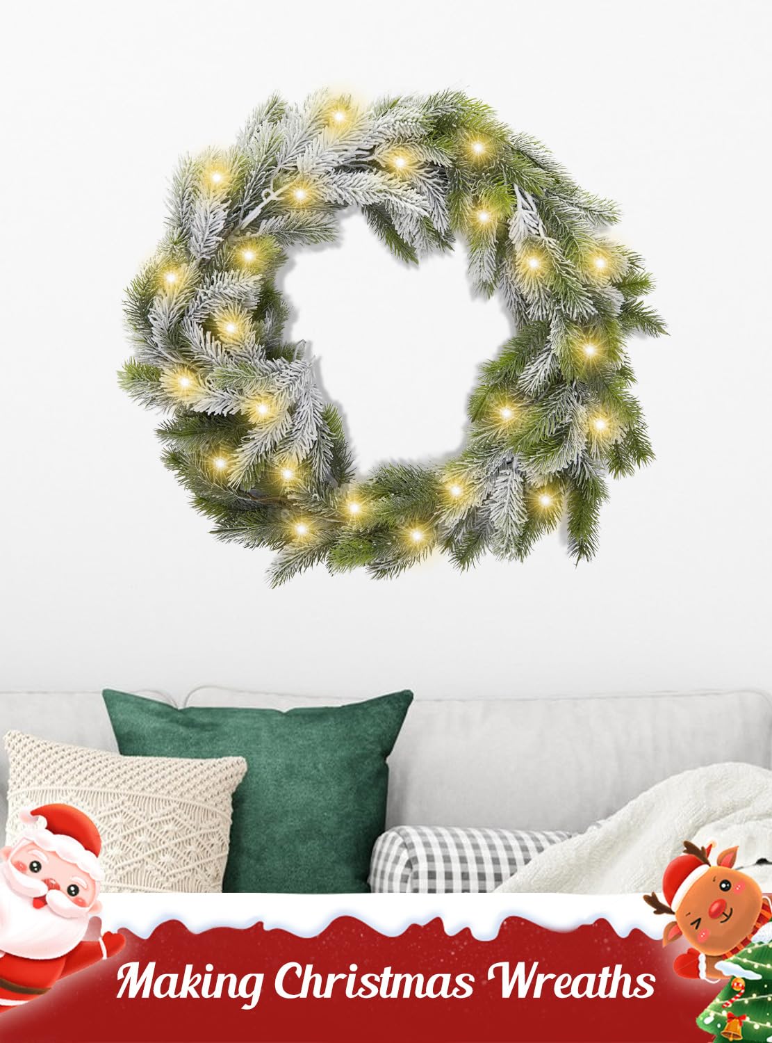 Norfolk Guirlande de sapin de neige avec lumières pour cheminée, intérieur et extérieur - Guirlande de Noël artificielle pour escalier, porte d'entrée, porche, mur, décoration de la maison